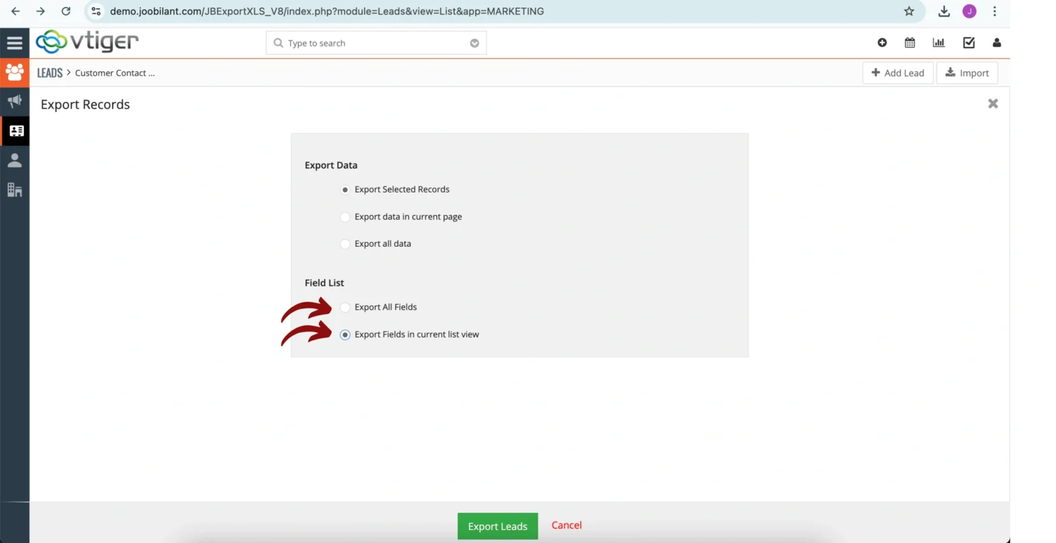 vtiger-excel-export-choose-field