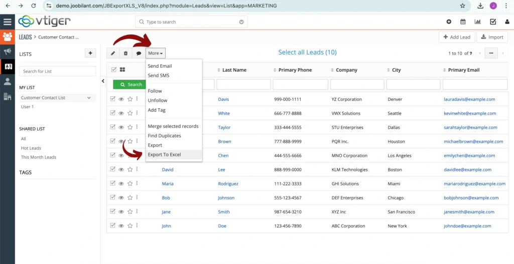 Vtiger Export to XLS userguide