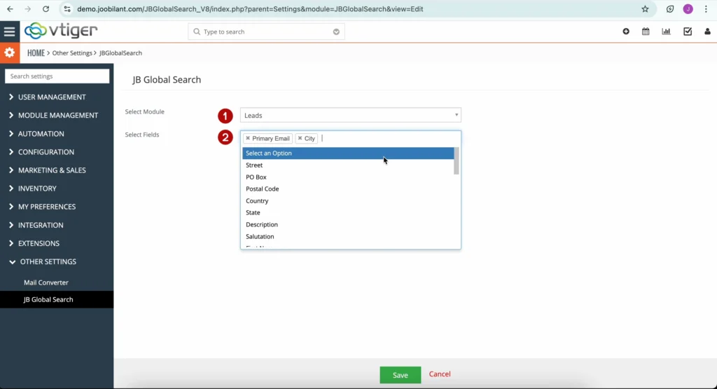 Vtiger CRM Global Search userguide