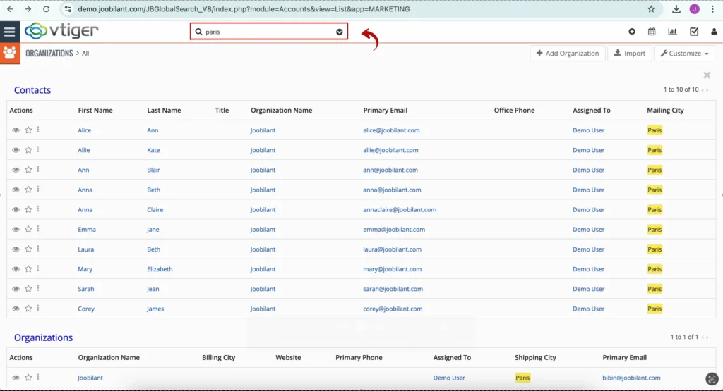 Vtiger CRM Global Search userguide