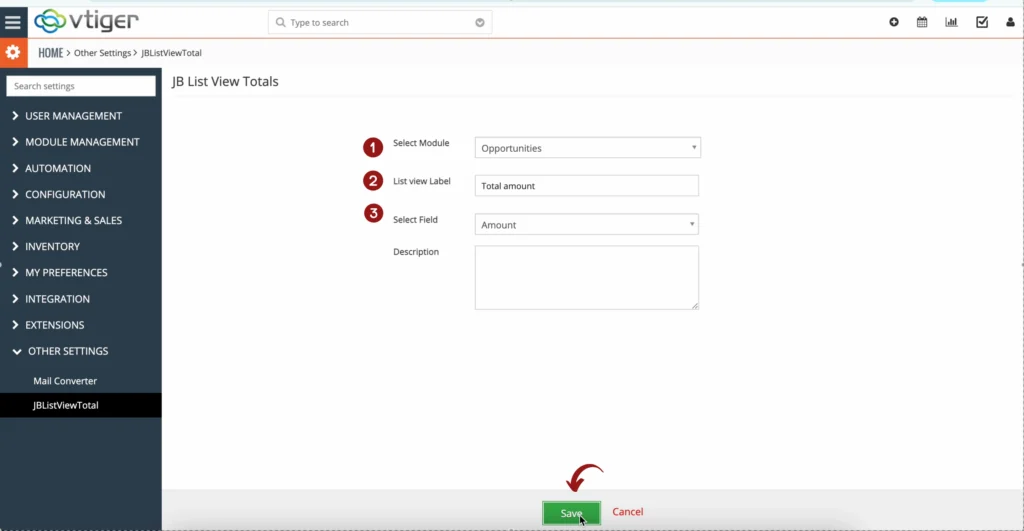 Vtiger CRM sum of list view userguide