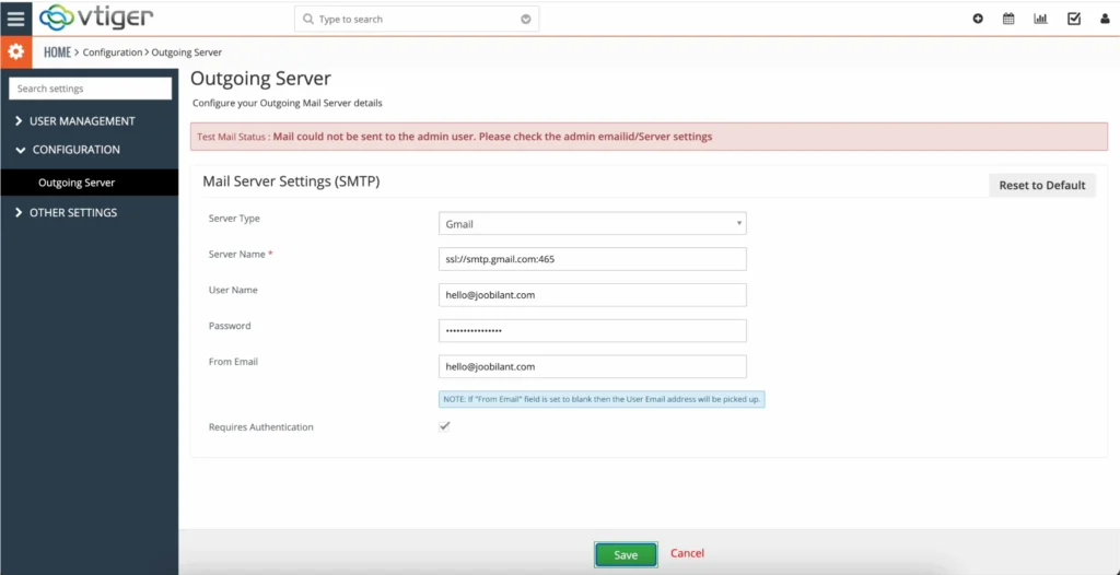 Gmail as the outgoing server in vTiger CRM 1