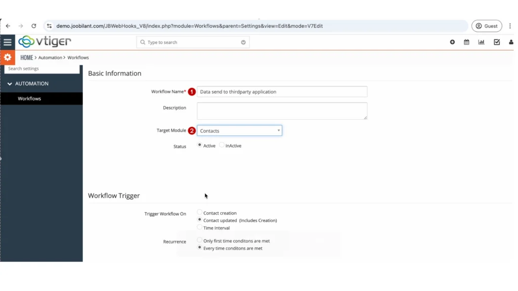 Configuring New workflow in vtiger using webhooks