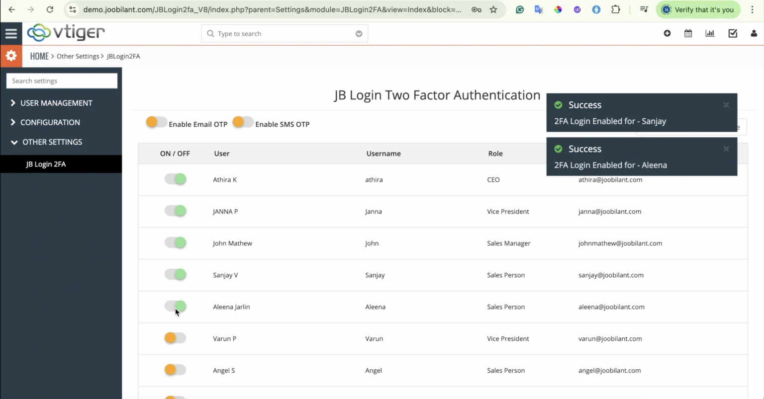 Enable Vtiger 2Fa for users by joobilant