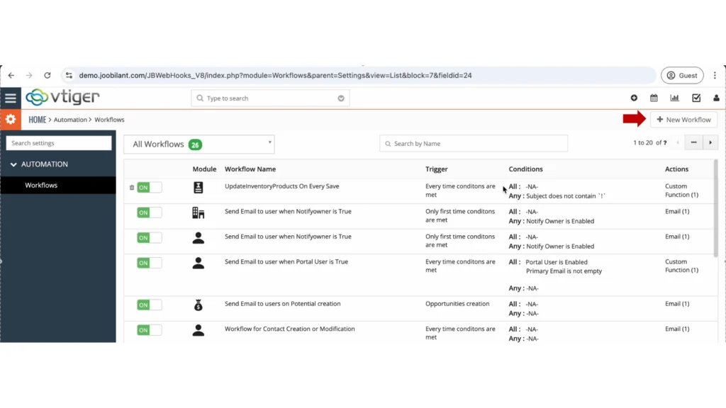 Add new Workflow in Vtiger using Webhooks by Joobilant