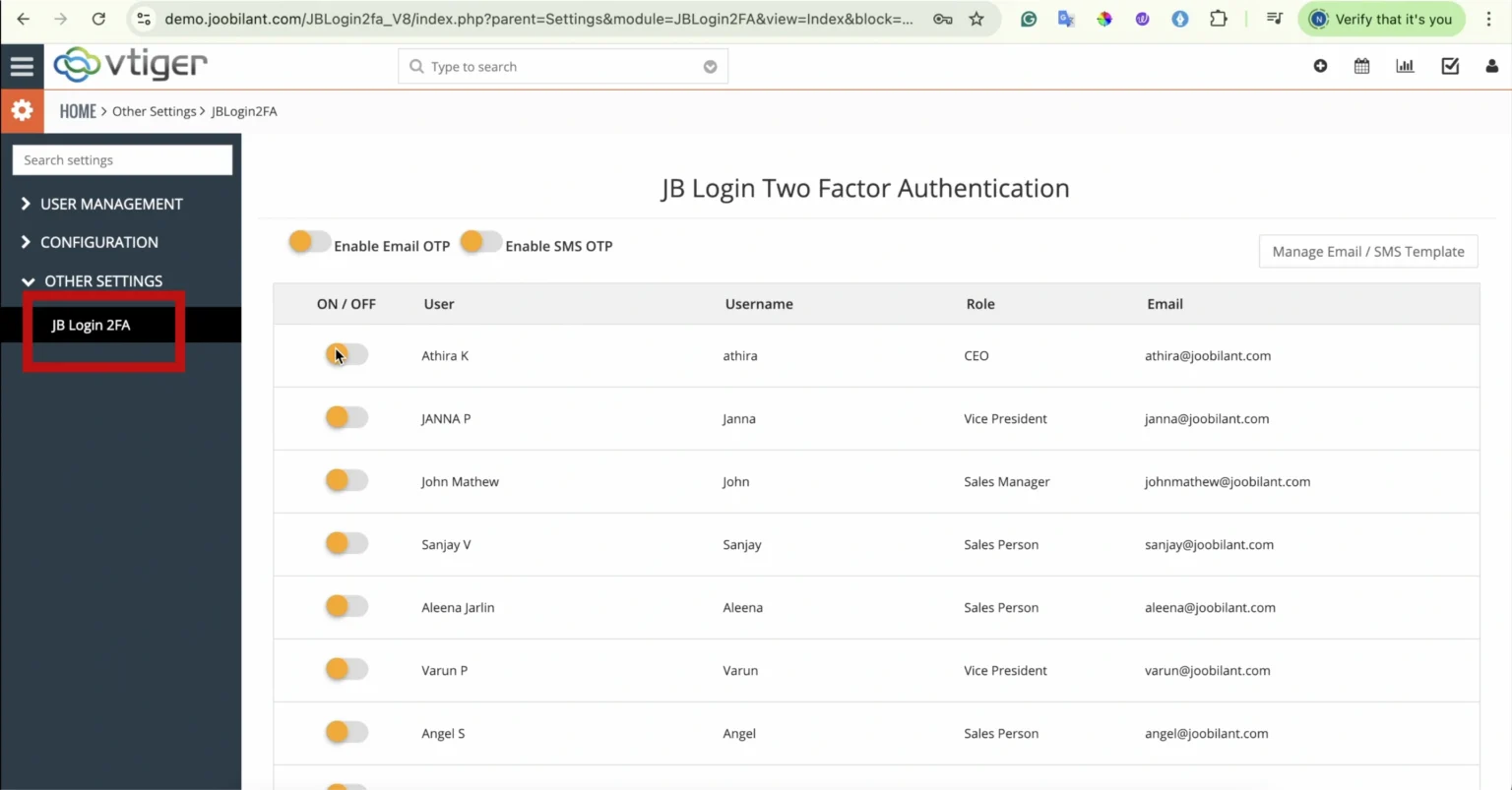 Vtiger Two Factor Authentication Dashboard by Joobilant