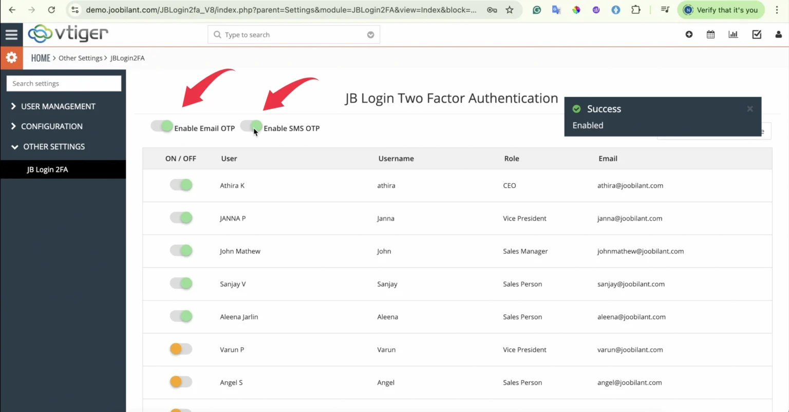 Enable Vtiger login security with Vtiger CRM two factor authentication Email or SMS otp