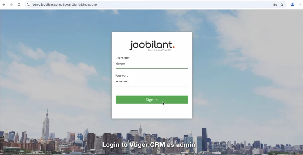 Vtiger 2fa UserGuide log in as admin in Vtiger by Joobilant