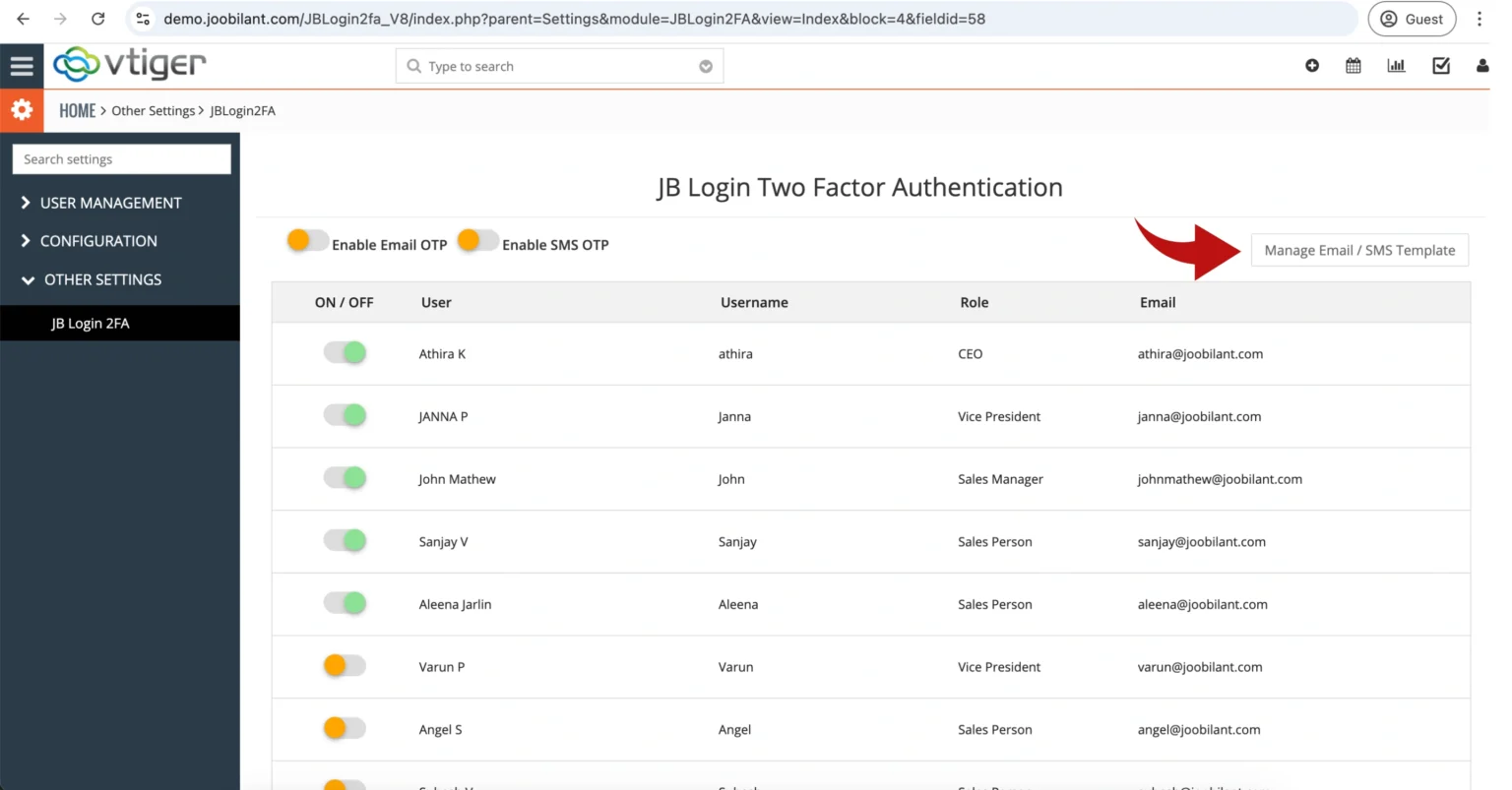 Manage Vtiger 2Fa Email and SMS Templates