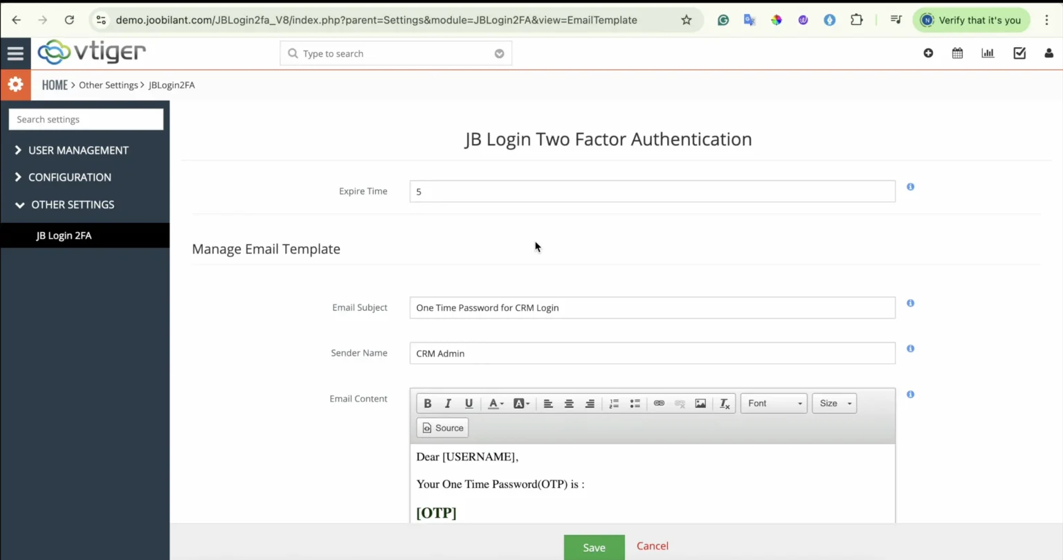 Customize Vtiger 2Fa Email and SMS Templates by joobilant