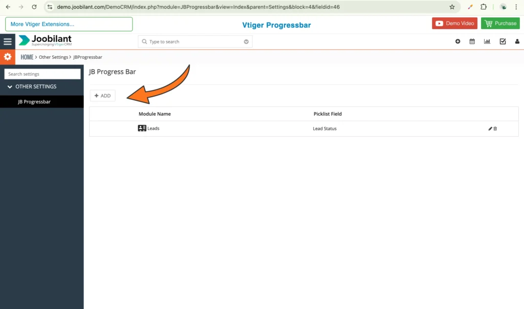 add new vtiger progressbar configuration for a module